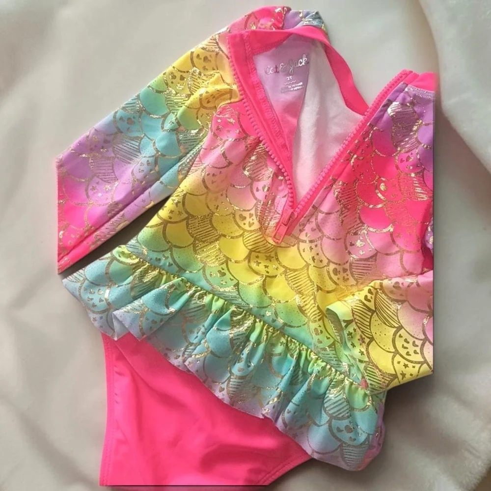 Size 2T Cat & Jack Swimsuit Pink Rainbow Mermaid Scale Gold Foil Ruffle